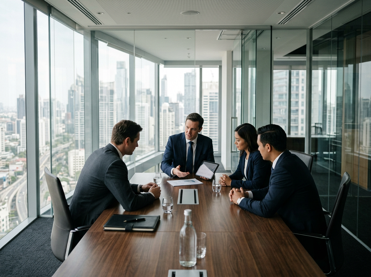 Business professionals in a modern executive boardroom discussing strategy